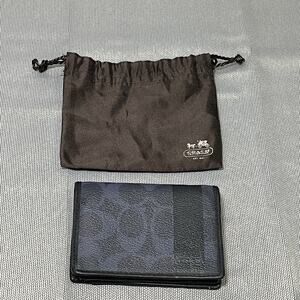 Coach Men Navy Blue Signature Canvas Leather Bifold Wallet ID Window Dustbag